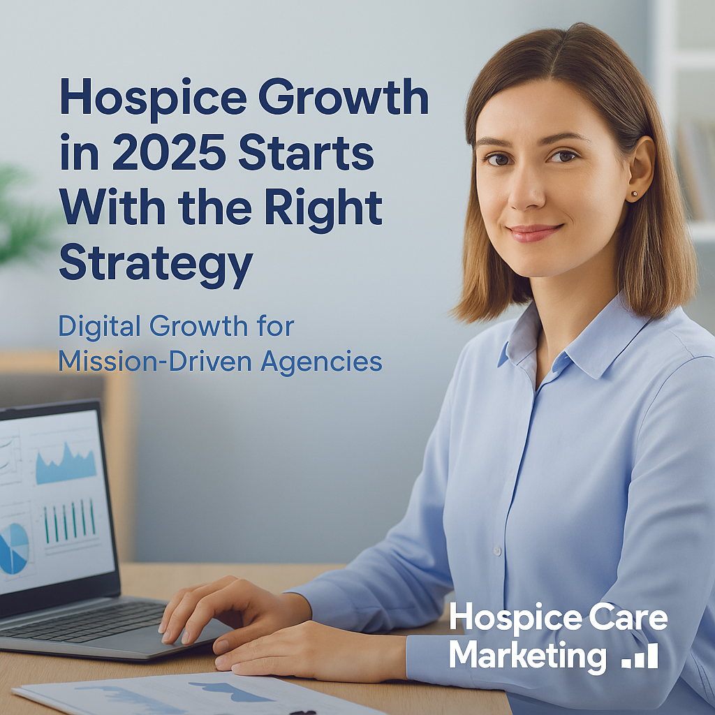 Woman in professional attire working at a desk with a laptop, analyzing hospice marketing strategies for business growth.