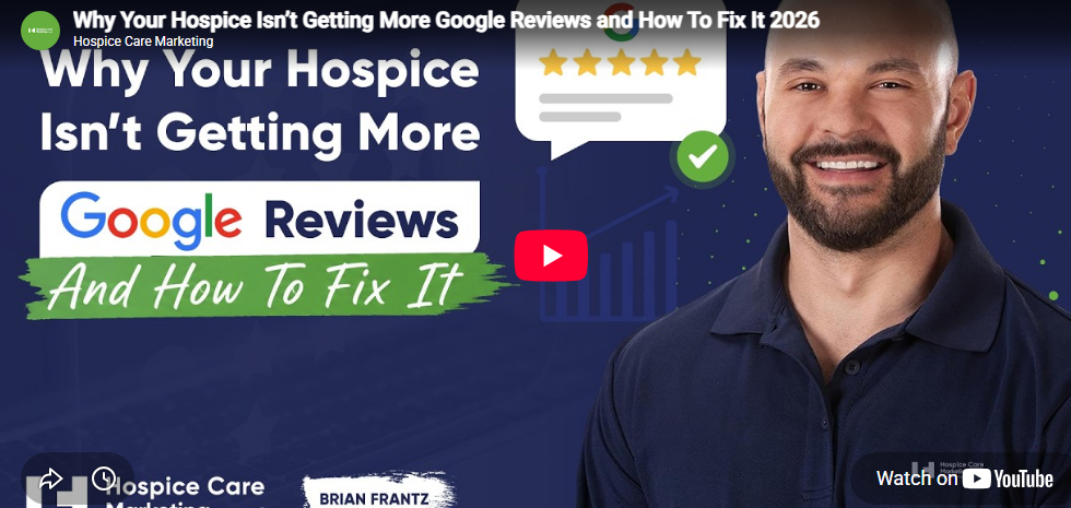 Smiling presenter Brian Frantz beside a graphic titled Why Your Hospice Isn't Getting More Google Reviews And How To Fix It.