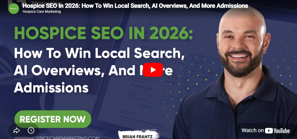 Promotional banner for Hospice Care Marketing webinar featuring Brian Frantz, titled 